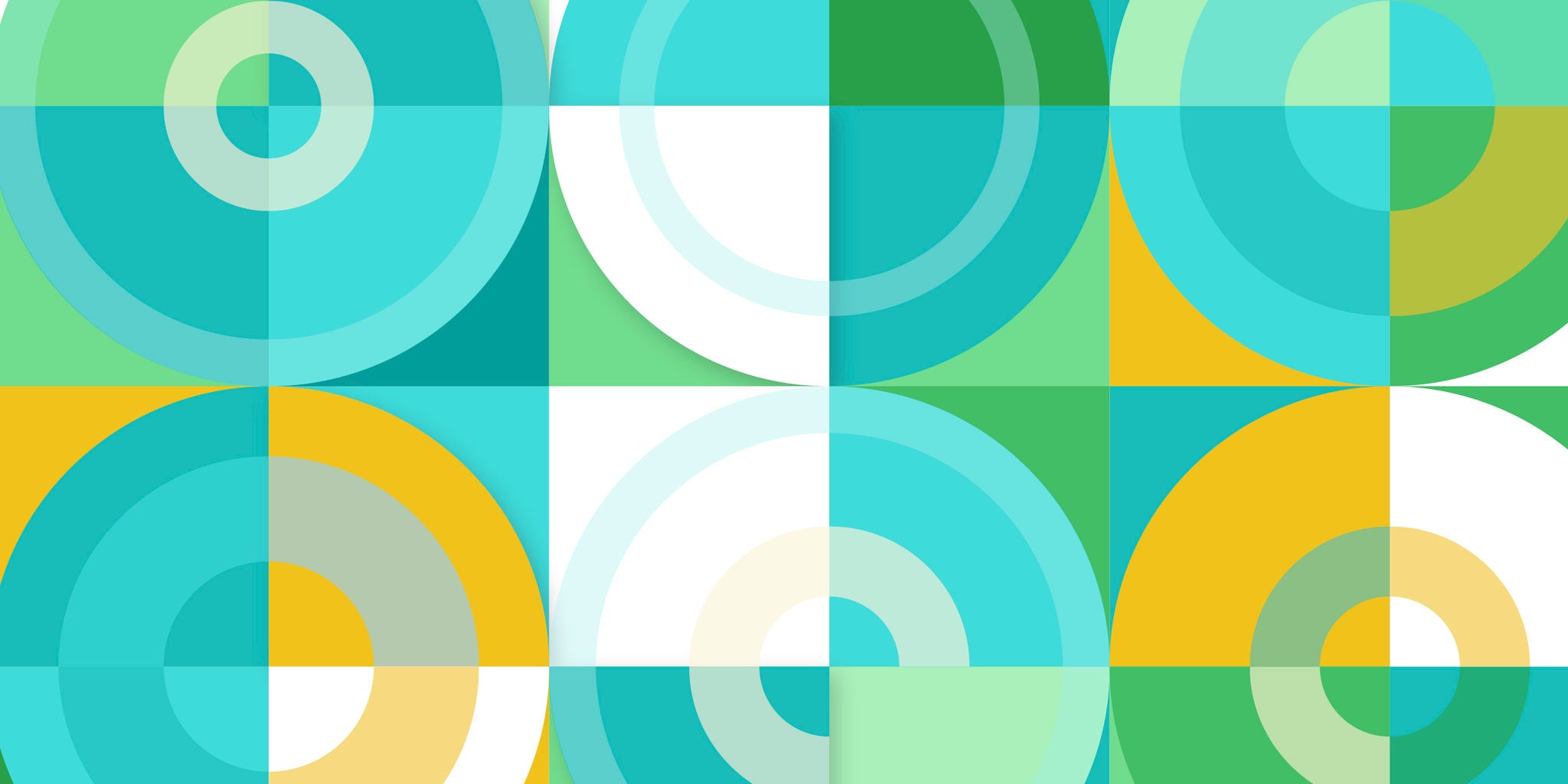 A vibrant abstract design features overlapping circles and squares in a repeating grid. The color palette includes shades of teal, turquoise, yellow, green, and white, creating a fresh and modern look. The composition is symmetrical, with concentric circles and solid blocks of color. No text or numbers are visible in the image. The overall mood is playful and energetic.