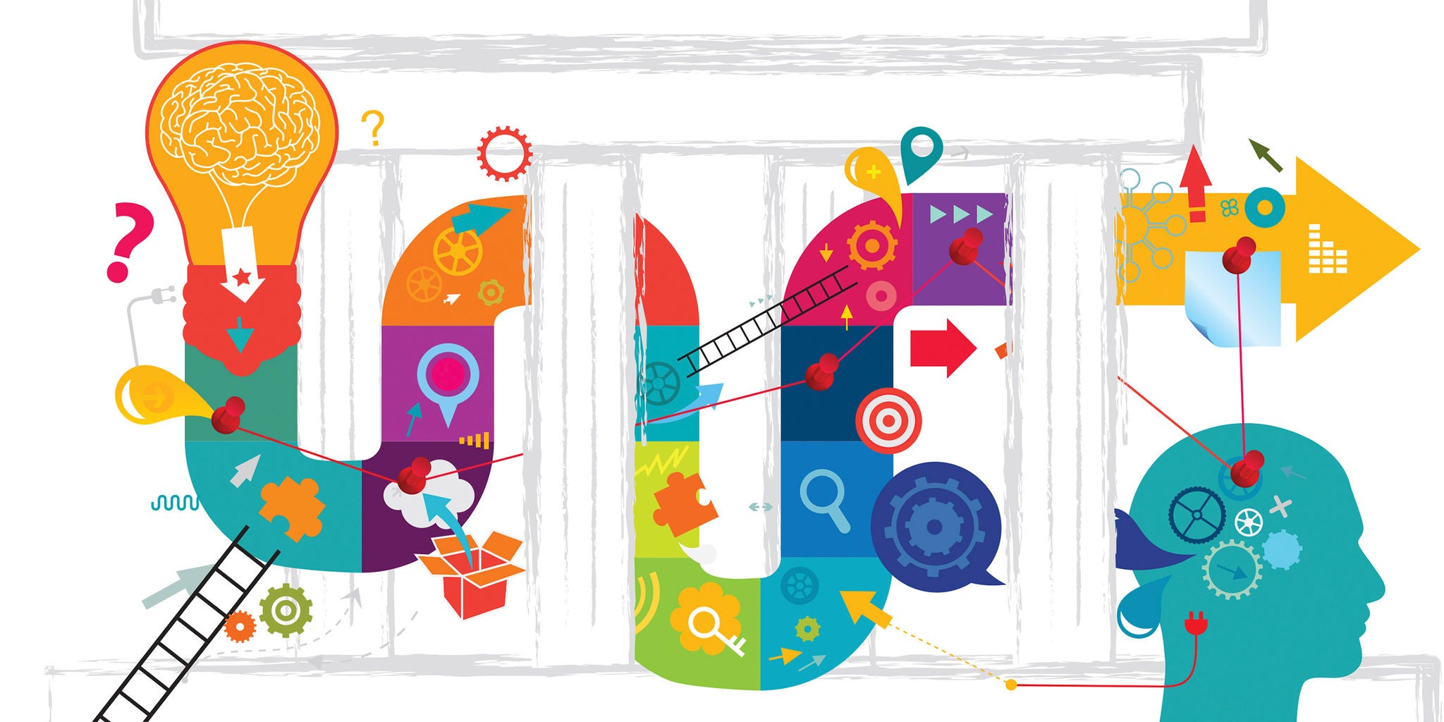 A vibrant, conceptual illustration features a large question mark filled with icons representing ideas, gears, and arrows. The setting is abstract, with a human silhouette on the right and a lightbulb with a brain graphic on the left. The palette is bright and playful, emphasizing innovation, curiosity, and the process of finding solutions.