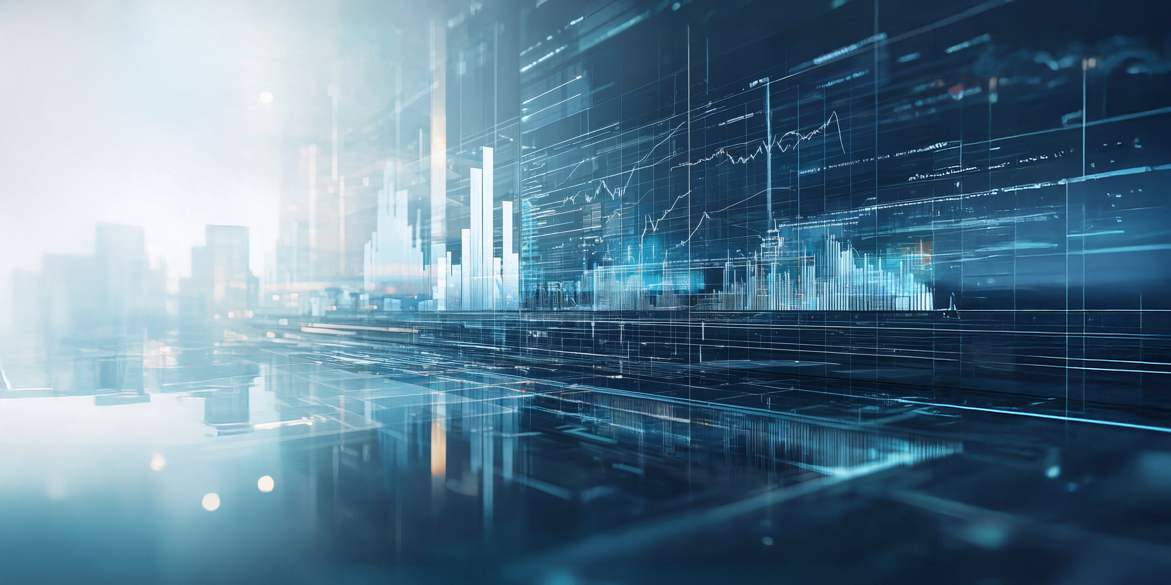 Digital financial charts and line graphs overlay a blue-toned city skyline