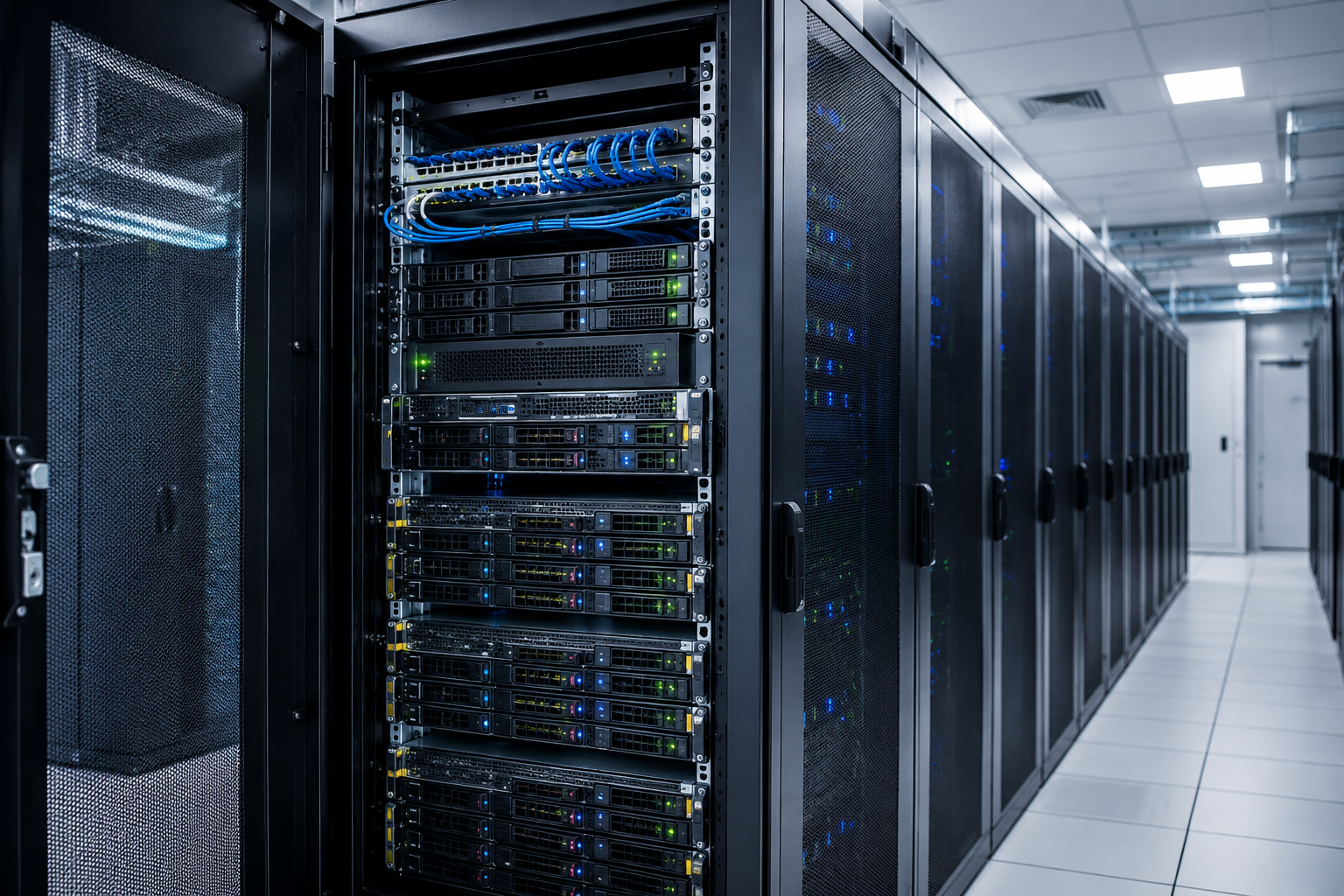 Legacy systems and modern ecosystems connected by glowing data streams in a server room interface