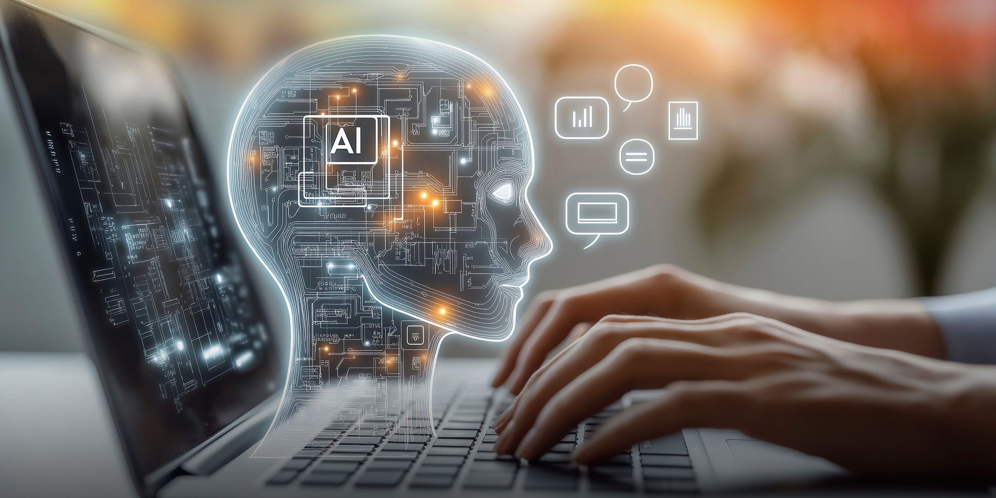 Hands typing on a laptop with a transparent AI head graphic and data icons overlaid on the screen