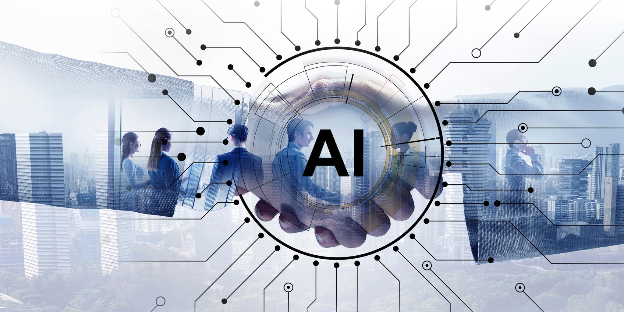 A group of business professionals is seen shaking hands, symbolizing collaboration, with a futuristic digital interface overlay. The central focus is a circular graphic with the large text 'AI', surrounded by circuit-like lines, representing artificial intelligence technology. The background features a cityscape and silhouettes of people, creating a modern, innovative atmosphere.
