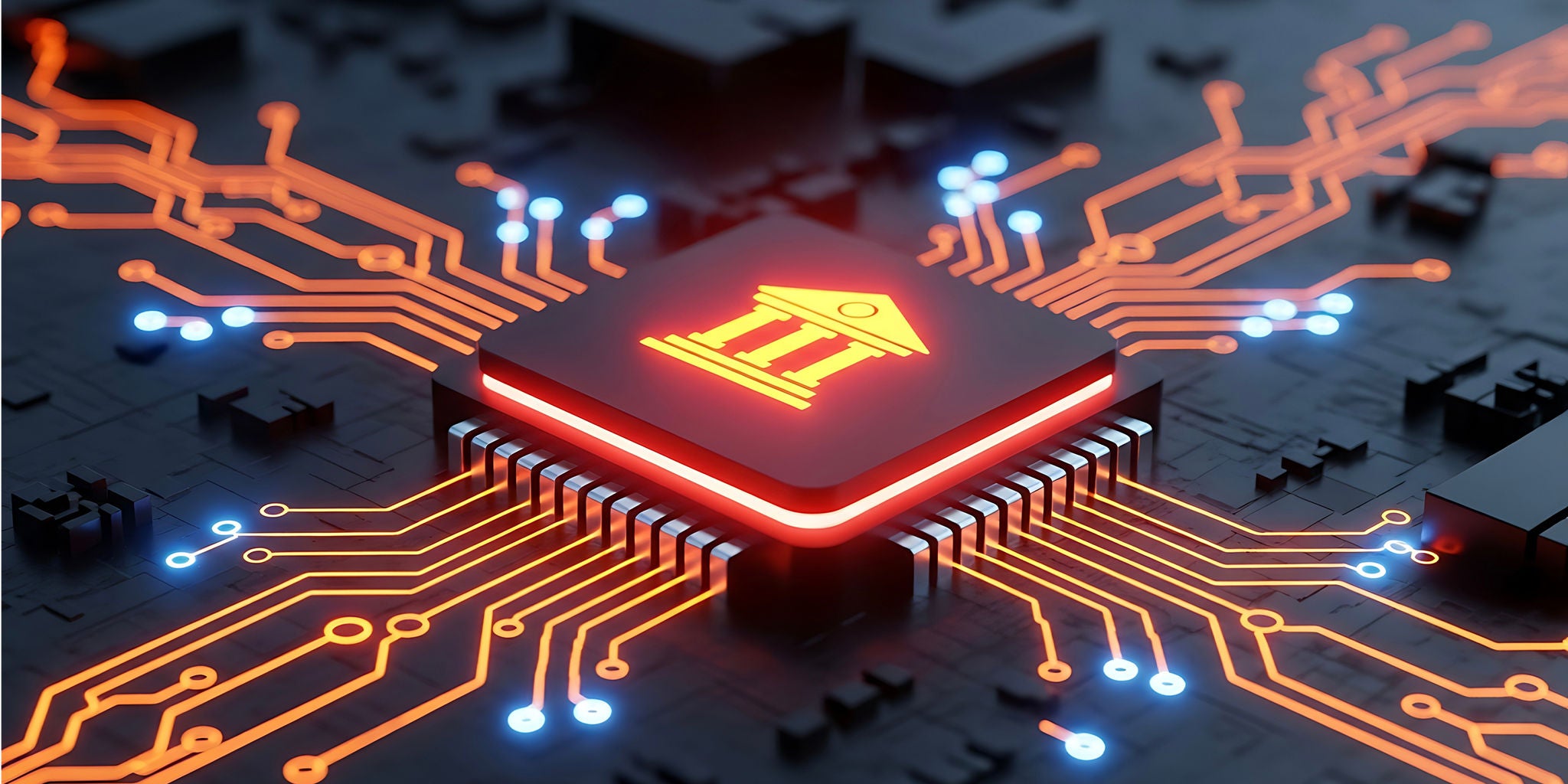 A glowing microchip with a banking institution icon at its center is surrounded by illuminated circuit lines. The design emphasizes digital banking and financial technology. The dark background contrasts with the vibrant orange and red circuitry, creating a futuristic and high-tech aesthetic.