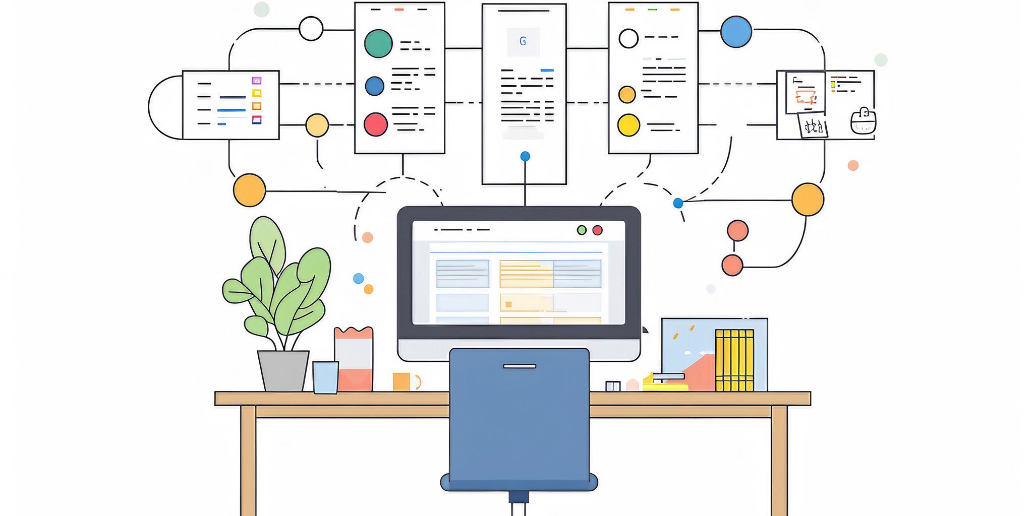 A colorful illustration depicting a desk setup with a computer screen displaying interconnected digital tools and workflows. The workspace includes a plant, books, and stationery, emphasizing organization and productivity. The visual style is clean and modern, with a focus on technology and data management.