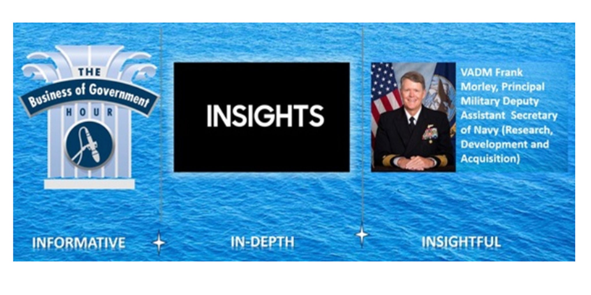 A promotional graphic for 'The Business of Government Hour' featuring a water-themed background. The design includes text such as 'INSIGHTS' and descriptive phrases like 'Informative,' 'In-Depth,' and 'Insightful.' The image highlights a professional setting with references to Navy leadership and research development.