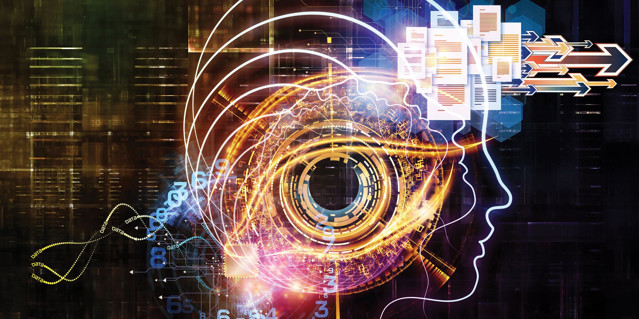 A vibrant digital artwork features a stylized human profile with a glowing, mechanical eye at the center. Abstract circuitry, data streams, and geometric patterns surround the head, suggesting advanced technology and artificial intelligence. The color palette is dominated by electric blues, golds, and purples, creating a high-tech, energetic mood. Visible numbers such as 8, 9, 5, 6, and 3 are integrated into the design.