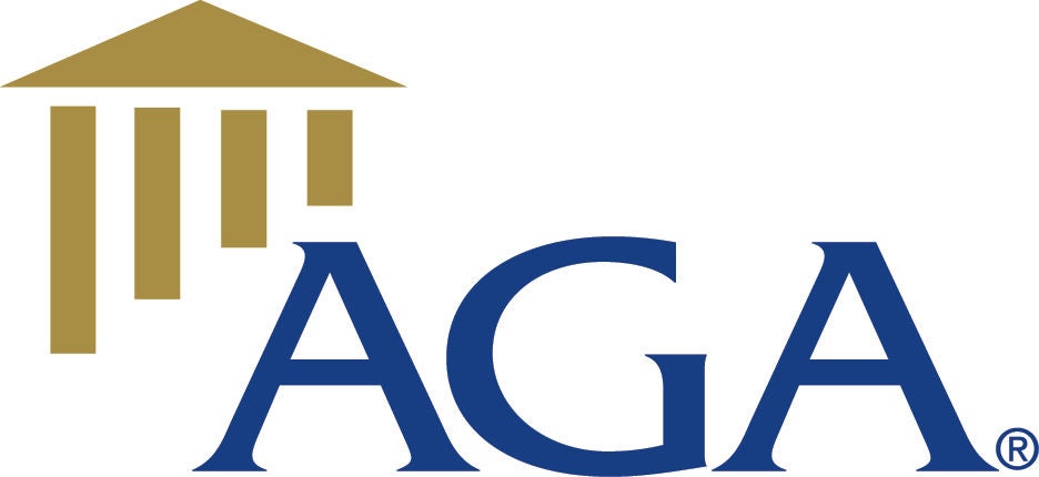 This image features the AGA logo, prominently displaying the letters 'AGA' in bold blue font. To the left of the text is a stylized gold pillar and roof graphic, evoking classical architecture. The overall design is clean and professional, with a white background and a formal, corporate aesthetic. The registered trademark symbol is visible next to the text.