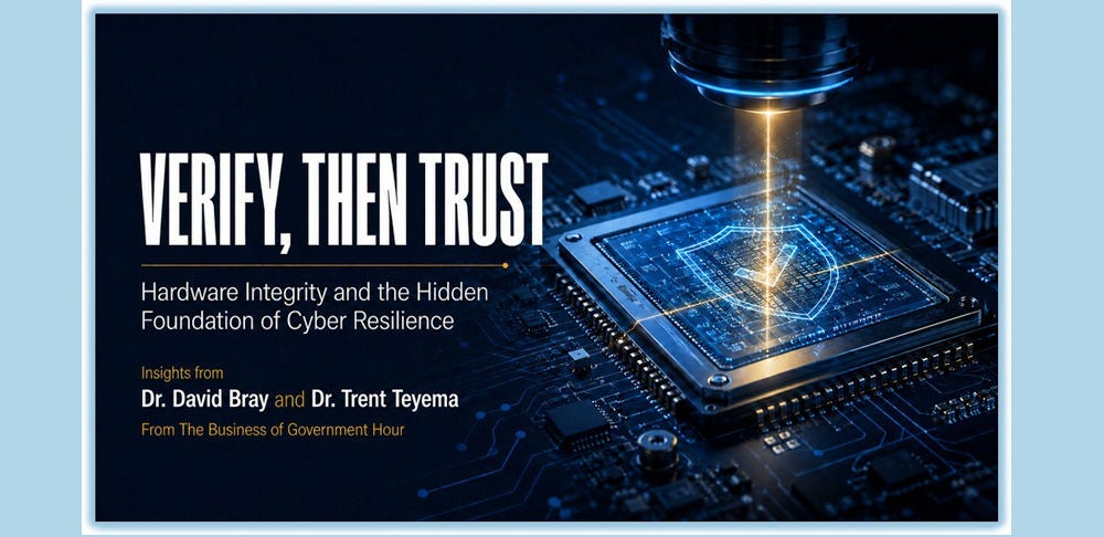 "Verify, Then Trust" cover graphic showing a shield projected onto a computer chip