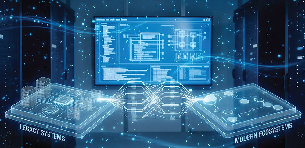 Digital diagram showing data flow between legacy systems and modern ecosystems in a server environment.