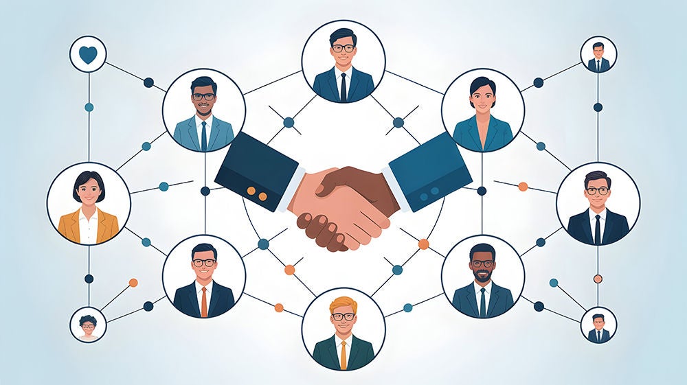 Illustration of a handshake linked by network lines to eight profile icons