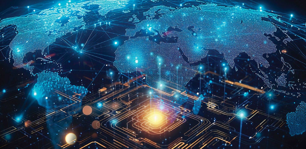 Futuristic world map with glowing network connections and circuit patterns, symbolizing global digital connectivity and data flow