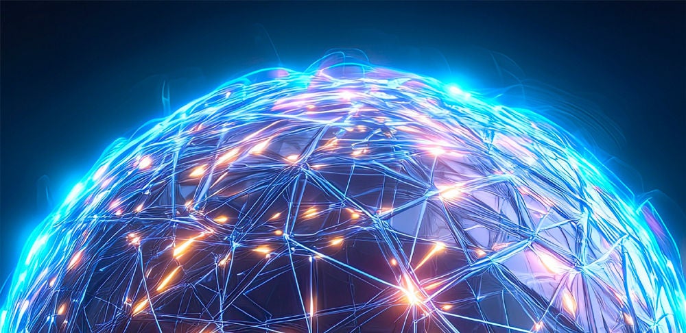Glowing interconnected network sphere with illuminated nodes and geometric links