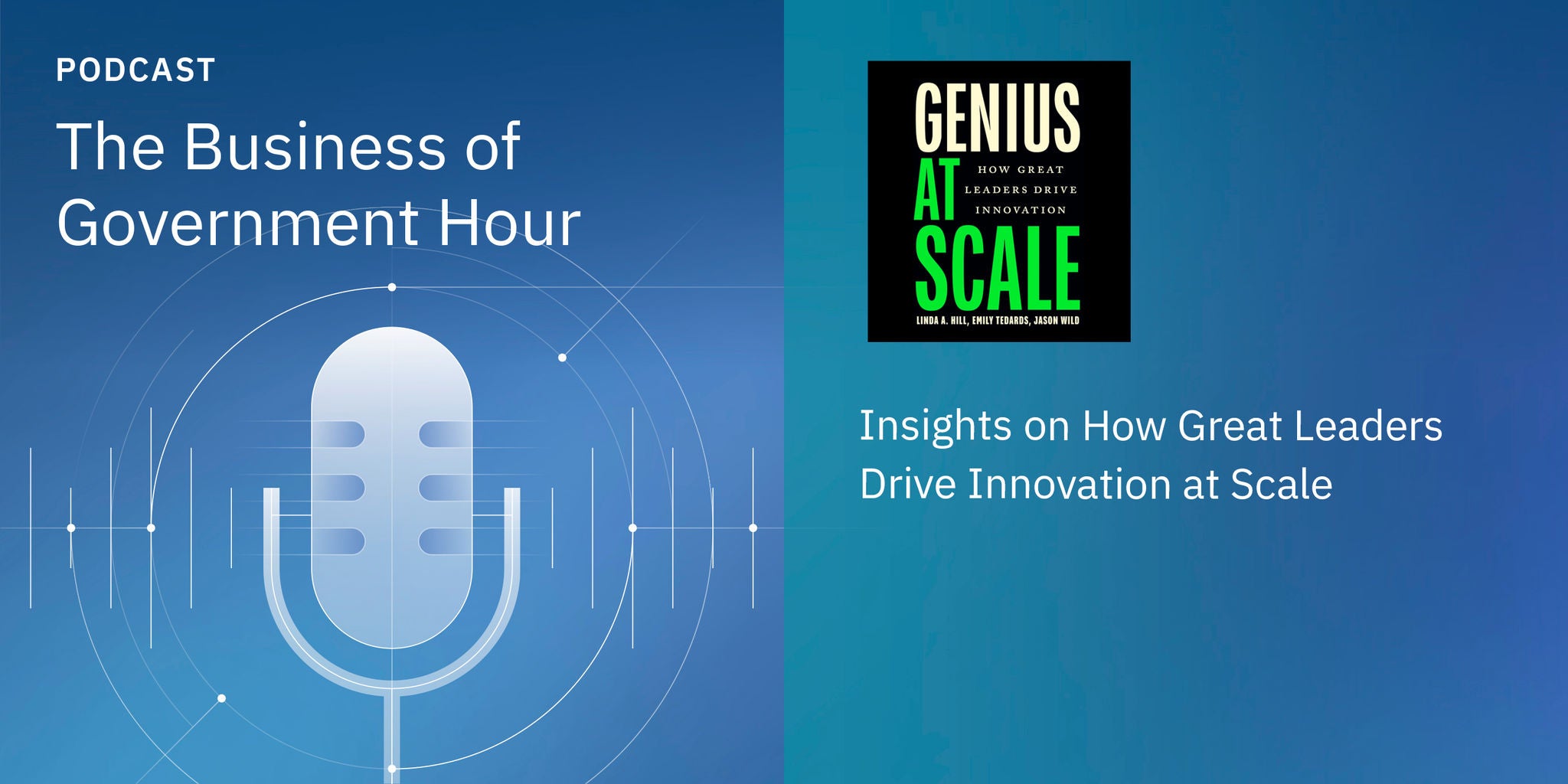 Podcast cover with microphone graphic, title “The Business of Government Hour,” and “Genius at Scale” book with subtitle on innovation