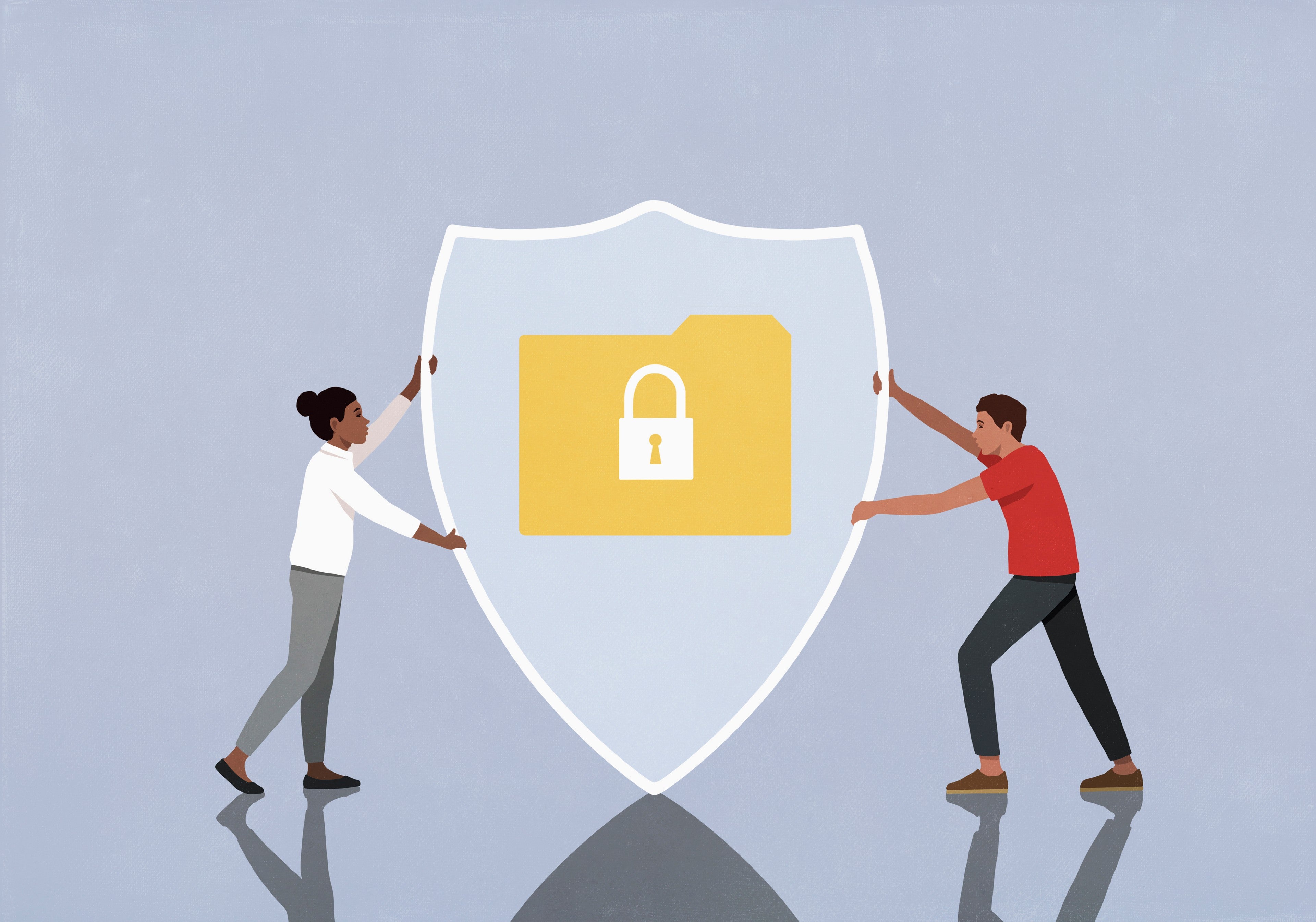 Two people hold a large shield around a folder icon with a padlock, symbolizing data protection.
